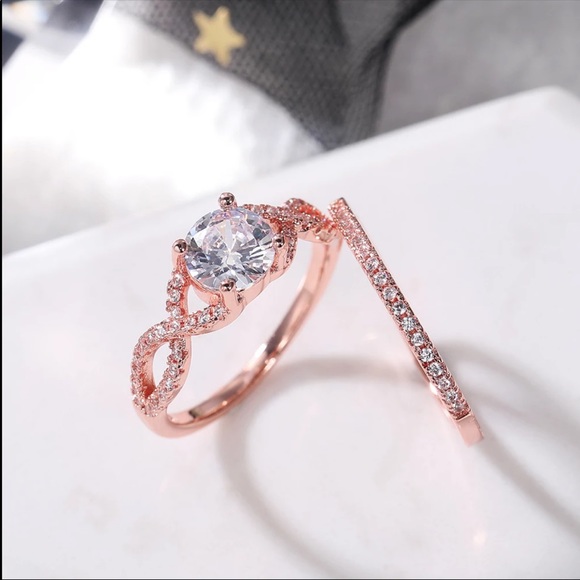 New Lovely 2 Pc Set Rose Gold Plated Diamond Ring - Picture 6 of 6